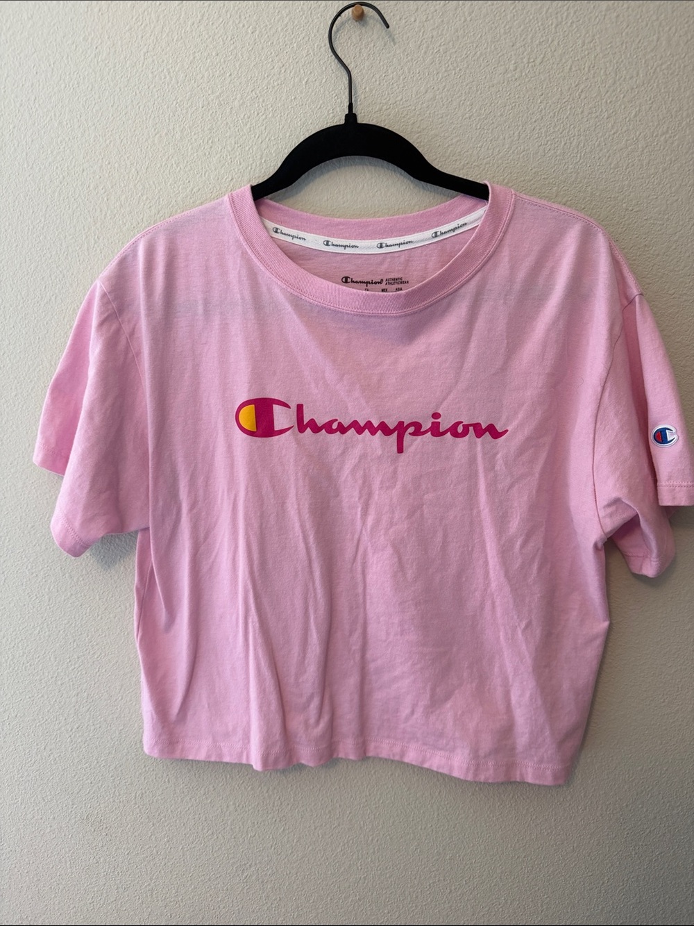 Champion Pink Logo Cropped Tee with Yellow Accent